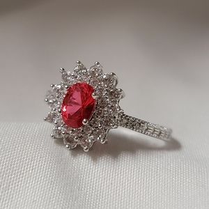 Gorgeous Halo Ruby and White Sapphire Simulated Stone Silver Tone Ring